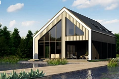 Мансардный дом простой формы с современным оригинальным экстерьером.