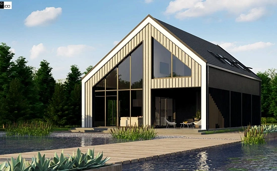 Мансардный дом простой формы с современным оригинальным экстерьером.