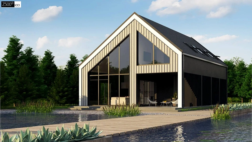 Мансардный дом простой формы с современным оригинальным экстерьером.