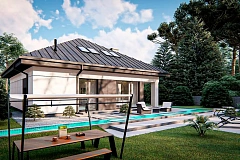 Дом с мансардой, 4-х скатной кровлей и гаражом на одну машину.