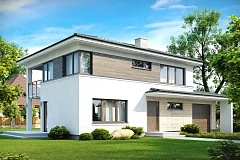 Двухэтажный современный дом с многоскатной низкой крышей, с гостиной с фронтальной стороны.