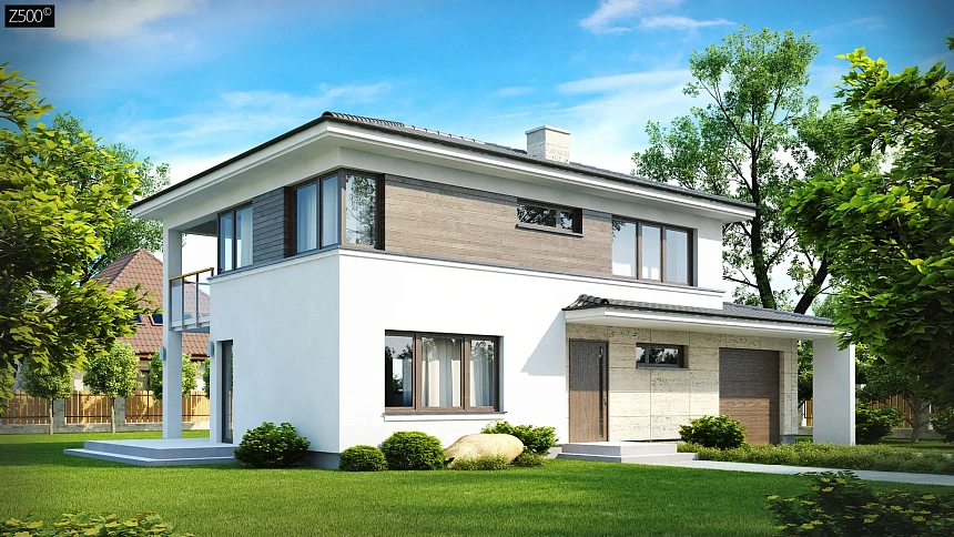 Двухэтажный современный дом с многоскатной низкой крышей, с гостиной с фронтальной стороны.