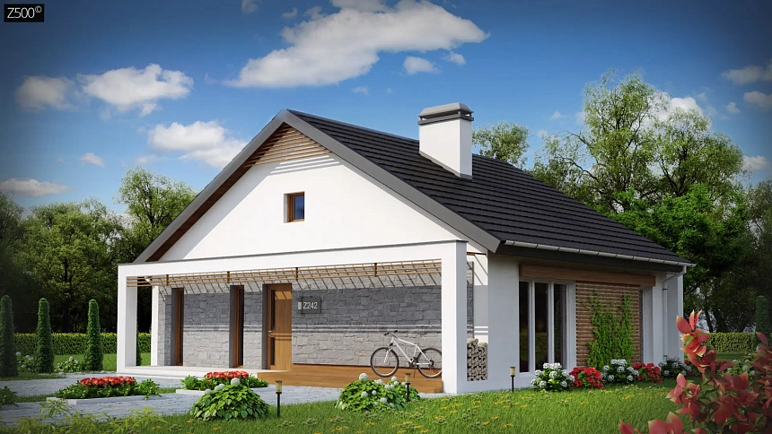 Одноэтажный дом с дополнительной фронтальной террасой.