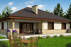 Вариант одноэтажного дома с 4-х скатной кровлей и уютной террасой, с измененной планировкой