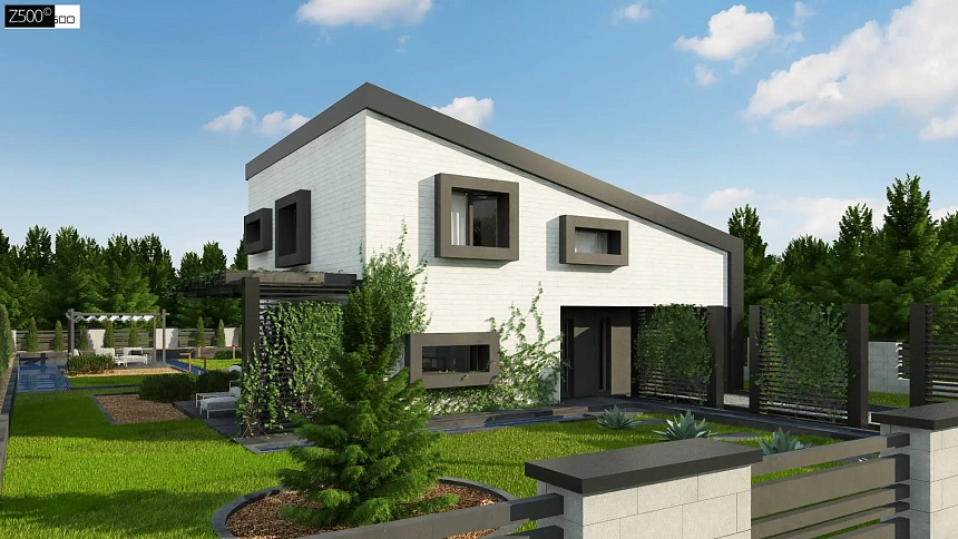 Проект двухэтажного дома с открытой дневной зоной и современным экстерьером.