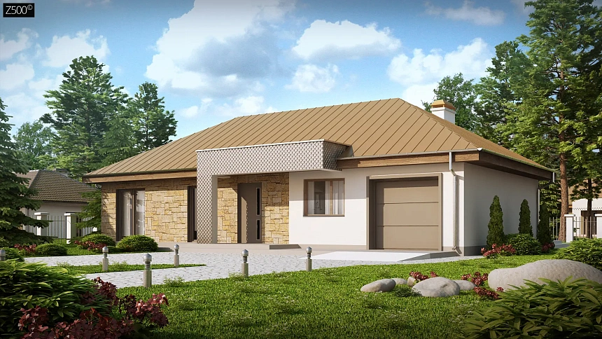 Проект одноэтажного дома с гаражом, с четко выделенной приватной зоной.