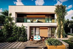 Современный двухэтажный дом с плоской кровлей и большим остеклением.