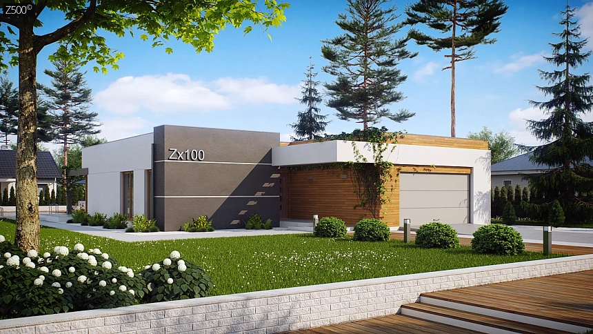 Одноэтажный дом модернистского характера с гаражом для двух автомобилей.