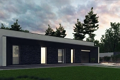 Современный одноэтажный дом с плоской крышей и гаражом на один автомобиль.