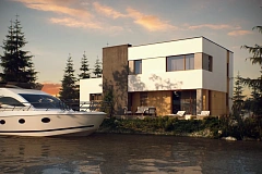 Двухэтажный дом в модернистском дизайне с гаражом и террасой на верхнем этаже.