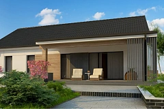 Проект одноэтажного дома с 4 спальнями и двускатной кровлей