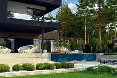 Проект современного двухэтажного дома. Проект подойдет для строительства на участке со склоном.