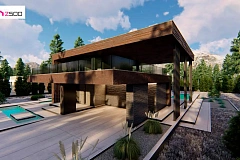 Современный двухэтажный дом с плоской кровлей и навесом для автомобиля