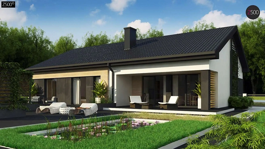 Вариант одноэтажного дома Z349 с двускатной кровлей