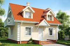 Компактный дом в традиционном стиле с двускатной крышей и красивыми мансардными окнами.