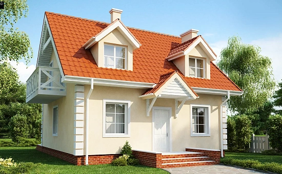 Компактный дом в традиционном стиле с двускатной крышей и красивыми мансардными окнами.