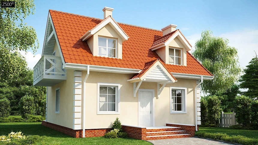 Компактный дом в традиционном стиле с двускатной крышей и красивыми мансардными окнами.