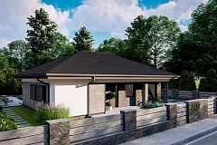 Компактный одноэтажный дом на фасаде с камнем и плитами.