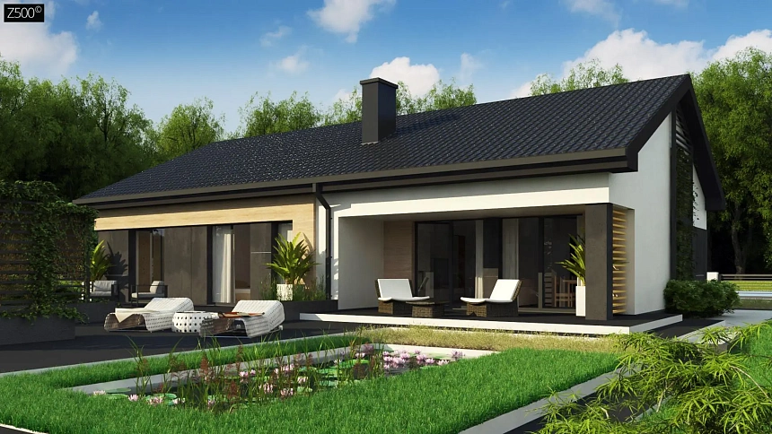 Стильный одноэтажный дом с двускатной кровлей и грамотной планировкой