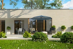 Одноэтажный дом в современном стиле, с большими застекленными окнами