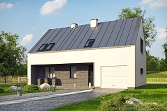 Проект мансардного с тремя спальнями и двускатной крышей