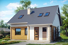 Компактный дом с мансардой, эркером в дневной зоне и c кабинетом на первом этаже.