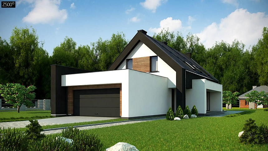 Проект удобного и красивого мансардного дома с гаражом на 2 машини и 3 спальнями.