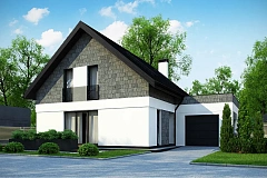 Мансардный дом с гаражом, расположенным с фронтальной стороны фасада