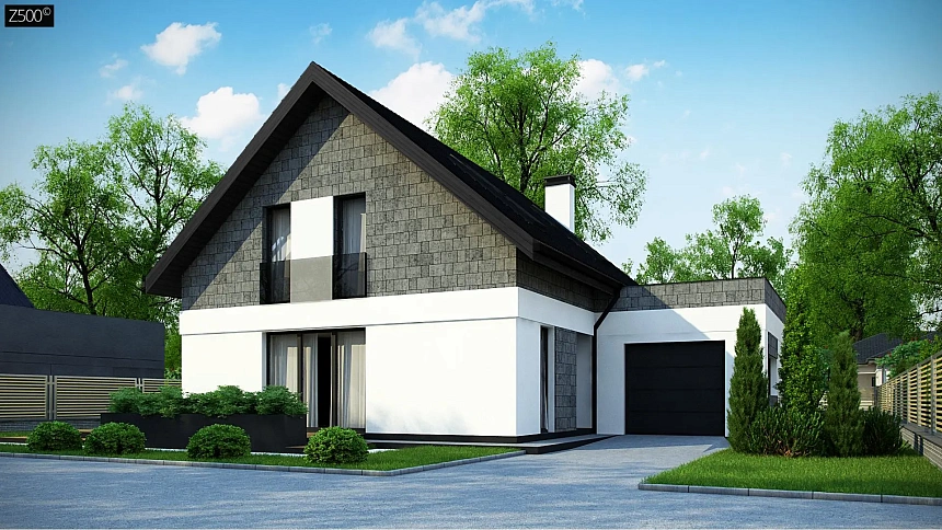 Мансардный дом с гаражом, расположенным с фронтальной стороны фасада