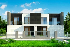 Современный двухсемейный дом с плоской кровлей и гаражом справа