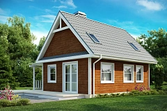 Маленький, уютный дом с мансардой, двускатной крышей и c фронтальной террасой.