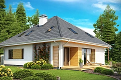 Красивый и функциональный дом с боковой террасой и необычным мансардным окном.