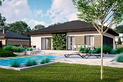 Функциональный одноэтажный дом с гаражом на одну машину, расположенный в центральной части переднего фасада.