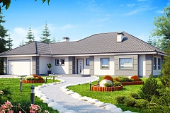 Проект одноэтажного дома с просторной гостиной и гаражом для двух машин.