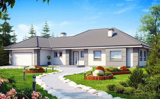 Проект одноэтажного дома с просторной гостиной и гаражом для двух машин.