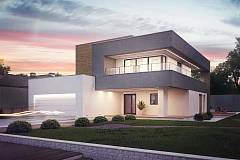 Современный двухэтажный дом с большой площадью остекления.