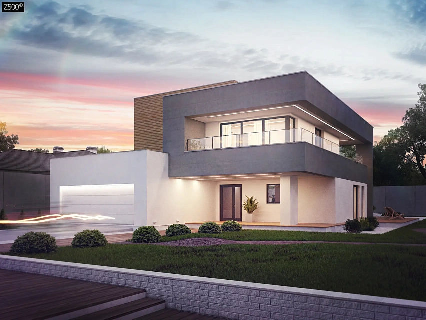 Современный двухэтажный дом с большой площадью остекления.