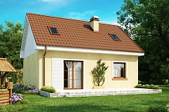 Компактный традиционный дом простой формы с двускатной крышей.