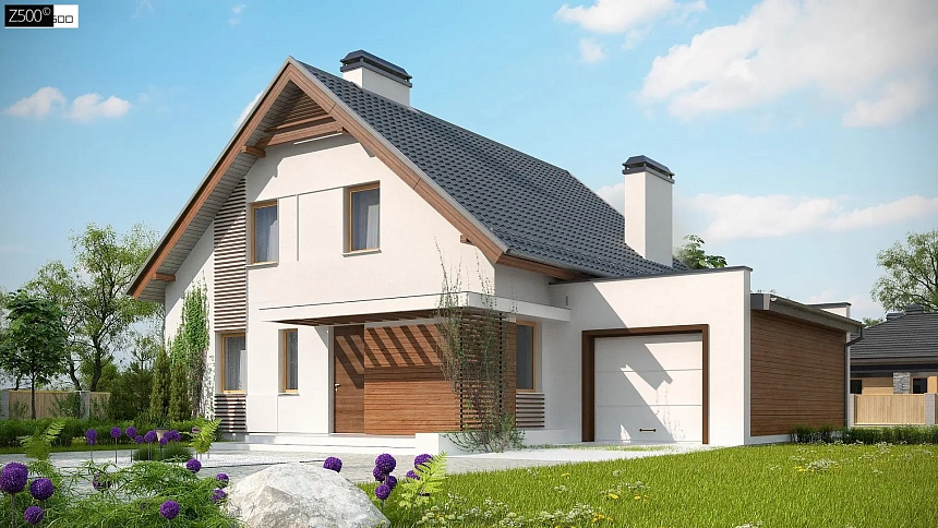 Проект мансардного дома в классическом стиле с гаражом на одно авто.