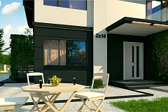 Просторный двухэтажный дом простой формы с террасой над гаражом.