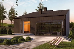 Проект современного двухэтажного дома с оригинальным экстерьером и гаражом на один автомобиль.