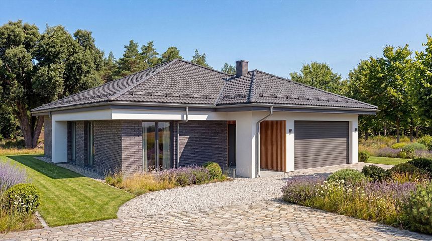 Современный одноэтажный проект дома с многоскатной крышей и гаражом на две машины