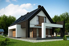 Проект удобного и красивого мансардного дома с гаражом на 2 машини и 3 спальнями.