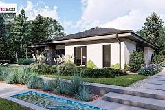 Cовременный одноэтажный дом с многоскатной крышей и гаражом на две машины.