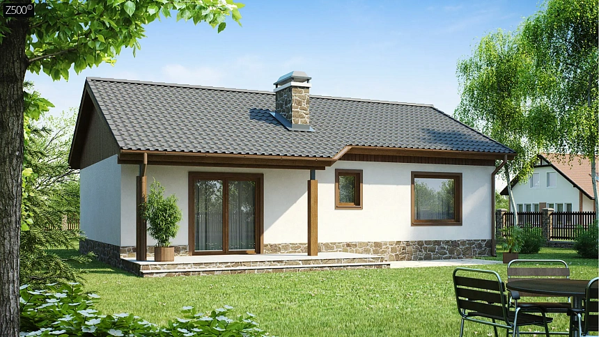 Экономичный в реализации одноэтажный дом с просторной гостиной и двумя спальнями.