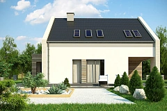 Проект дома с мансардой, террасой на первом этаже и гаражом на одну машину.