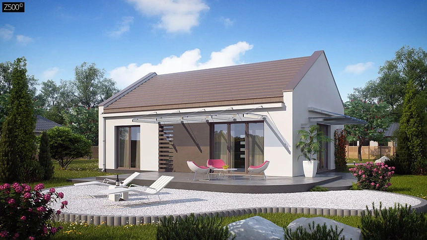 Компактный одноэтажный дом современного дизайна со светлым интерьером.