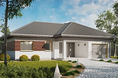 Проект одноэтажного дома с выделенной дневной зоной и большой террасой.