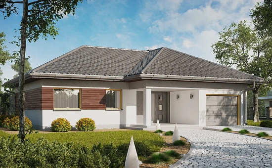 Проект одноэтажного дома с выделенной дневной зоной и большой террасой.