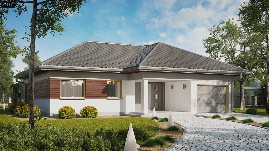 Проект одноэтажного дома с выделенной дневной зоной и большой террасой.